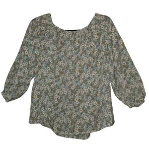 CATO Floral Print Pullover Blouse Womens Small Aqua Top Scoop Neck Boho Blossoms